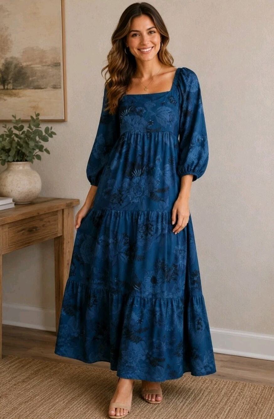 Soma Satin Paloma Maxi Bra Dress Sz M Blue Black Floral Whimsigoth Witchy